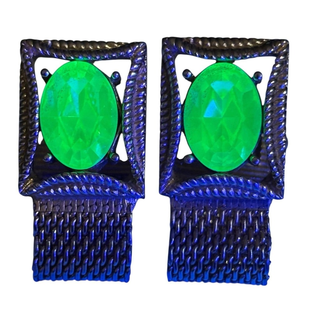 Swank Uranium Glass Cufflinks Mesh Wrap Around RARE Vintage Faceted Green MCM‎